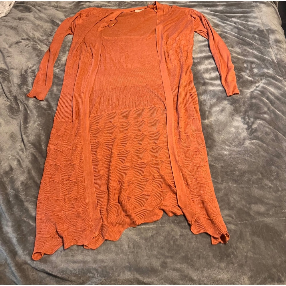 Dreamers Orange Longline Open Front Pointelle Knit Cardigan Sweater Size M